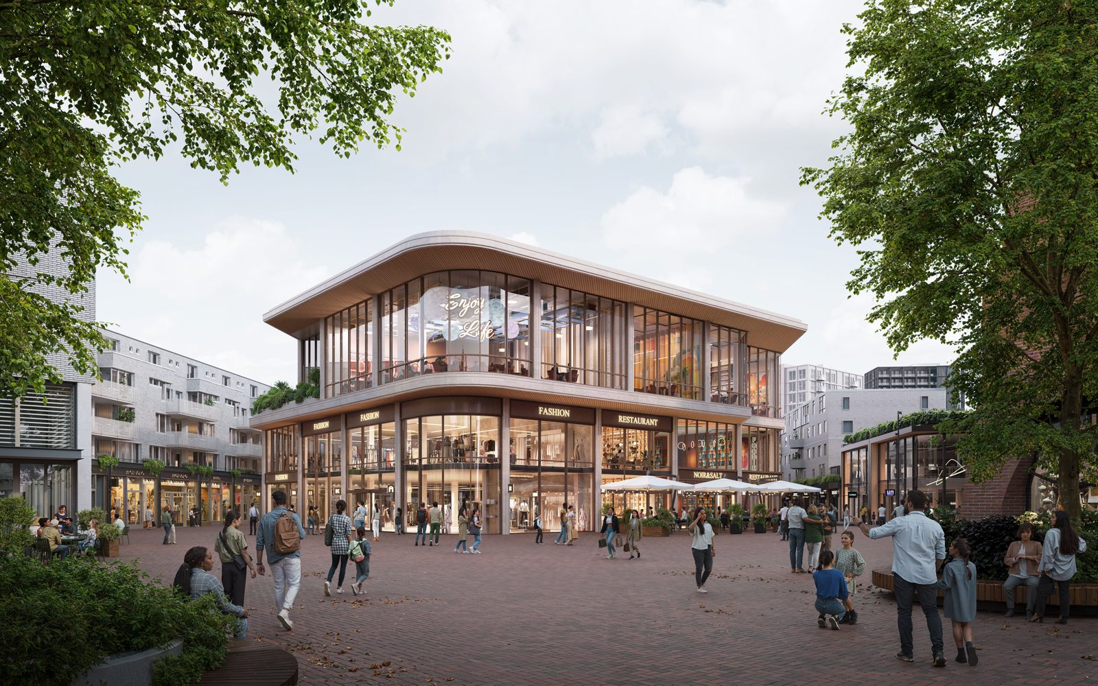 Ontwerpbeeld van Cluster 8 Amsterdamse Poort met winkels en een plein